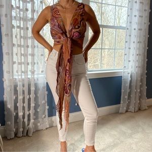 Psychedelic hand-painted silk cropped tie top